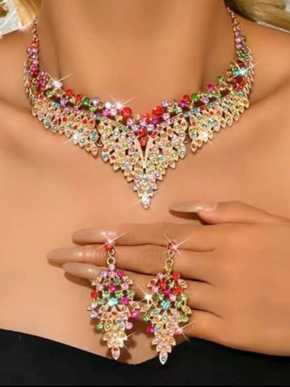 New Pink & Gold Crystal Necklace & Earrings Set